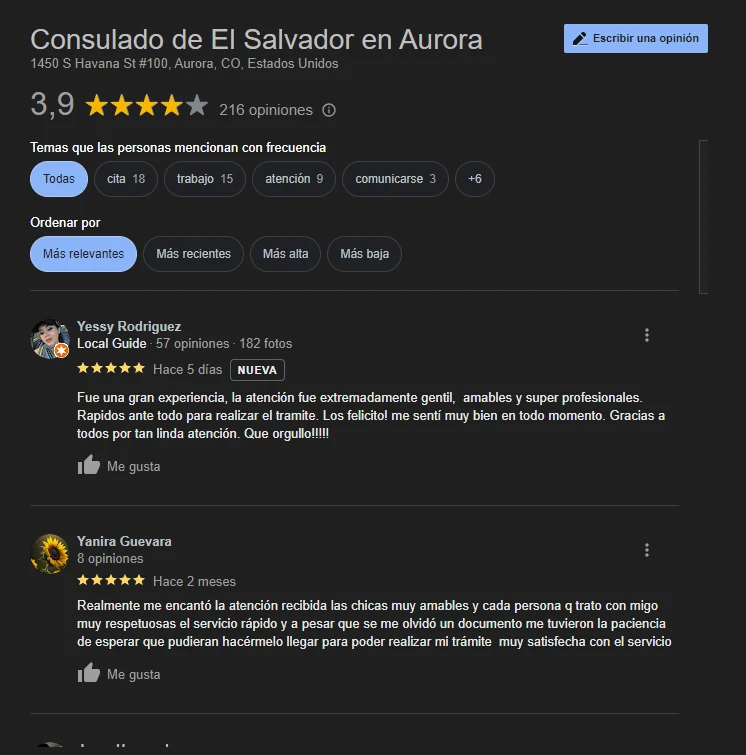 opiniones de consulado de el salvador en aurora